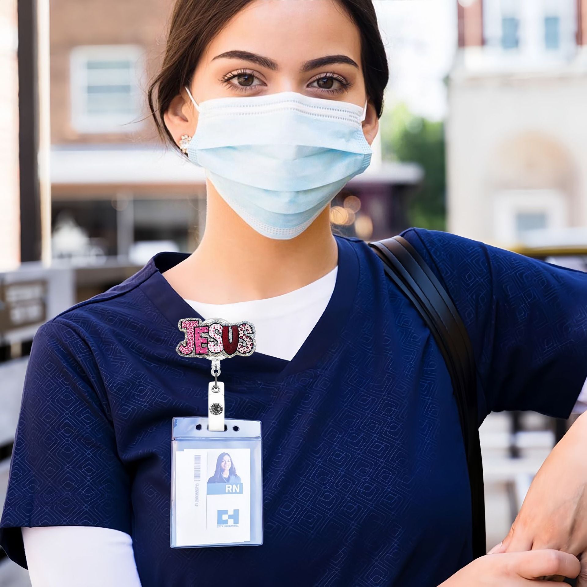 Wholesale Source New Creative Acrylic Glitter Medical Jesus Mother's Day Telescopic Badge Clip Easy Pull Buckle